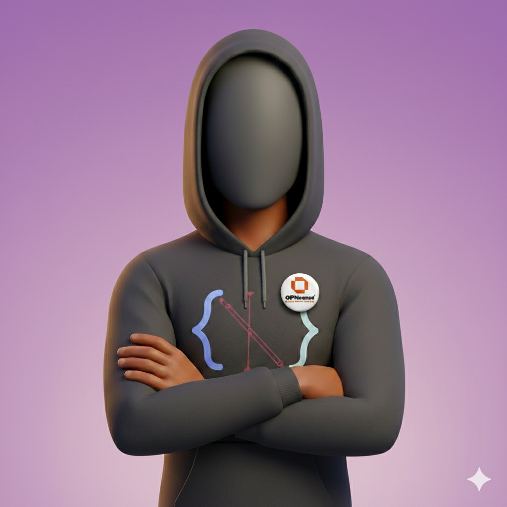 branding avatar with the opnsense lapel button fixed to his sweatshirt.